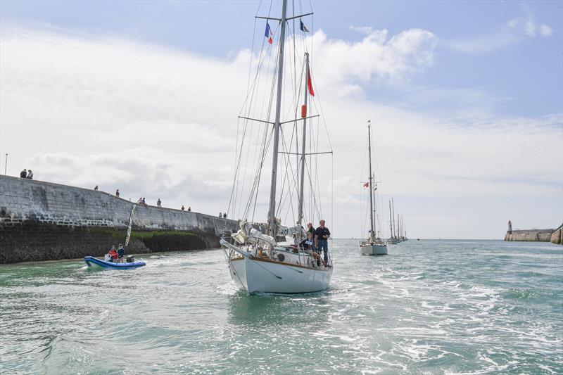 SITRaN Challenge Race from Falmouth to Les Sables d'Olonne - Sir Robin Knox-Johnston and his famous yacht Suhaili welcomed on the dock on arrival in Les Sables d'Olonne photo copyright Christophe Favreau / PPL / GGR taken at  and featuring the Classic Yachts class