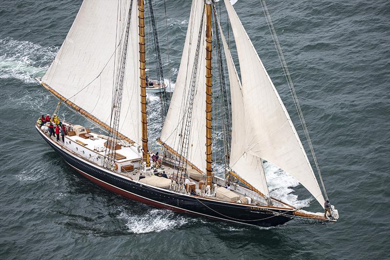 The superyacht schooner Columbia, the largest yacht in the race, enjoys the fresh breeze - 52nd Newport Bermuda Race photo copyright Daniel Forster / PPL taken at Royal Bermuda Yacht Club and featuring the Classic Yachts class