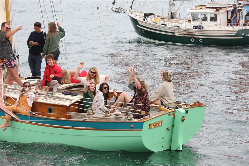 The crew of the gaff cutter Alva enjoying the Falmouth Classics Parade photo copyright Nigel Sharp taken at Royal Cornwall Yacht Club and featuring the Classic Yachts class