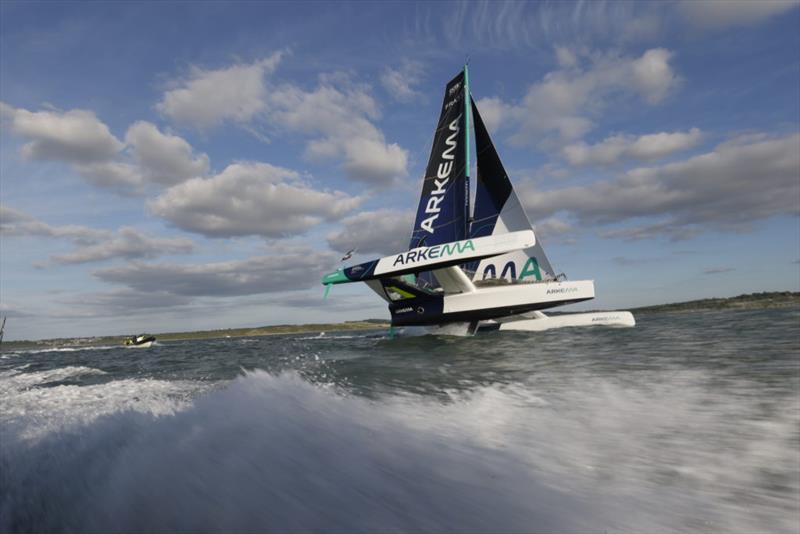 Arkema blasting down the western Solent just after the start of the final race that will decide the championship winner photo copyright Mark Lloyd / Pro Sailing Tour taken at  and featuring the OCEAN50 class