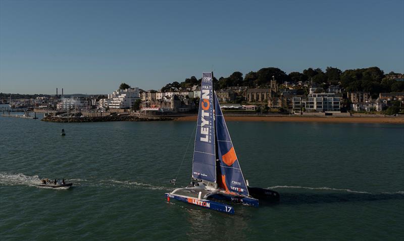 Leyton taking the winner's gun on arrival in Cowes earlier this week photo copyright Mark Lloyd / Pro Sailing Tour taken at  and featuring the OCEAN50 class