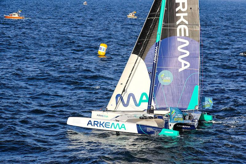 Quentin Vlamynck on Arkema during the 12th Route du Rhum-Destination Guadeloupe start photo copyright Alexis Courcoux / #RDR2022 taken at  and featuring the OCEAN50 class