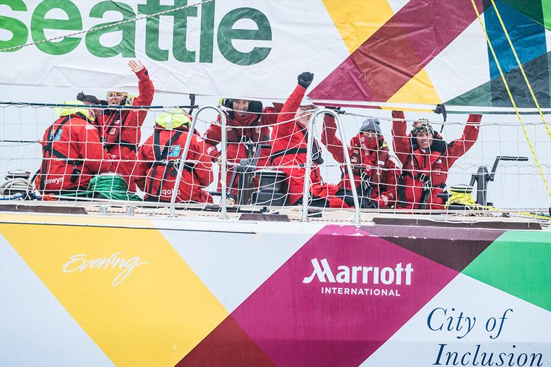 Marriott logo on Visit Seattle (coming into Qingdao) - Clipper 2017-18 Race photo copyright Clipper Race taken at  and featuring the Clipper 70 class