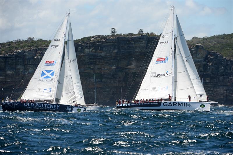 Old Pulteney and Garmin leave the Sydney heads at the start of the Sydney to Hobart Yacht Race - photo © Dan Himbrechts