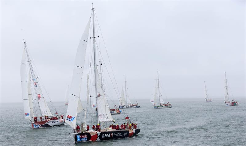 LMAX Exchange (centre) and Great Britain (left) during the start of the Clipper Round the World Yacht Race 2015-16 at Southend Pier photo copyright John Walton / PA Wire taken at  and featuring the Clipper Ventures class