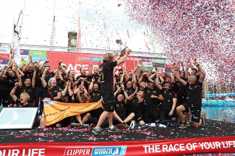 Skipper Olivier Cardin and his team LMAX Exchange celebrate at Race Finish London photo copyright Clipper Ventures taken at  and featuring the Clipper Ventures class