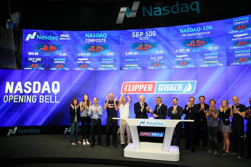 Clipper founders William Ward, Chief Executive Officer and Chairman Sir Robin Knox-Johnston ring the Opening Bell of the Nasdaq Stock Market photo copyright Christopher Galluzzo taken at  and featuring the Clipper Ventures class