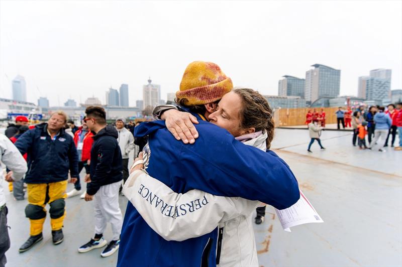 Skippers Ineke and Nano hug before heading to their boats for the epic ocean crossing photo copyright Clipper Race taken at  and featuring the Clipper Ventures class