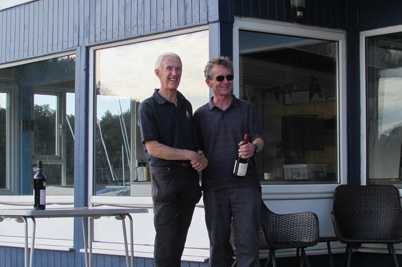 Race winner Dave Turtle in his Comet with Race officer Peter Baldwin (left) during the 2023 Border Counties Midweek Sailing Series at Redesmere photo copyright Brian Herring taken at Redesmere Sailing Club and featuring the Comet class