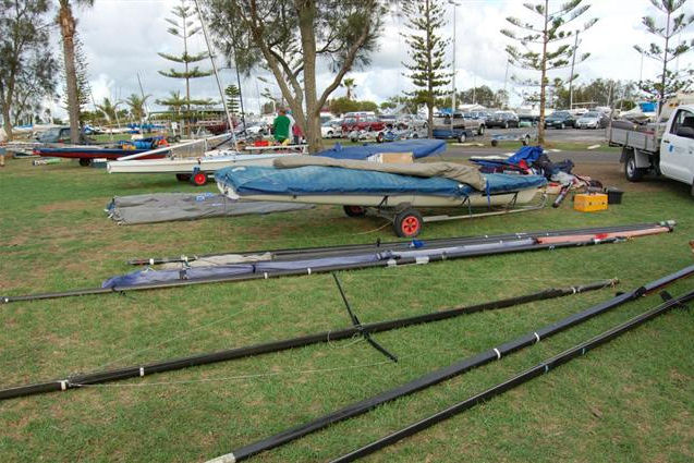 Just a few hours after they had been unpacked into quarantine, a joint effort between the fired up GBR sailors and the fully committed team from Dionysius Transport, saw the boats arrive on the Rigging Lawn at the Royal Queensland Yacht Squadron photo copyright J. Hone taken at Royal Queensland Yacht Squadron and featuring the Contender class