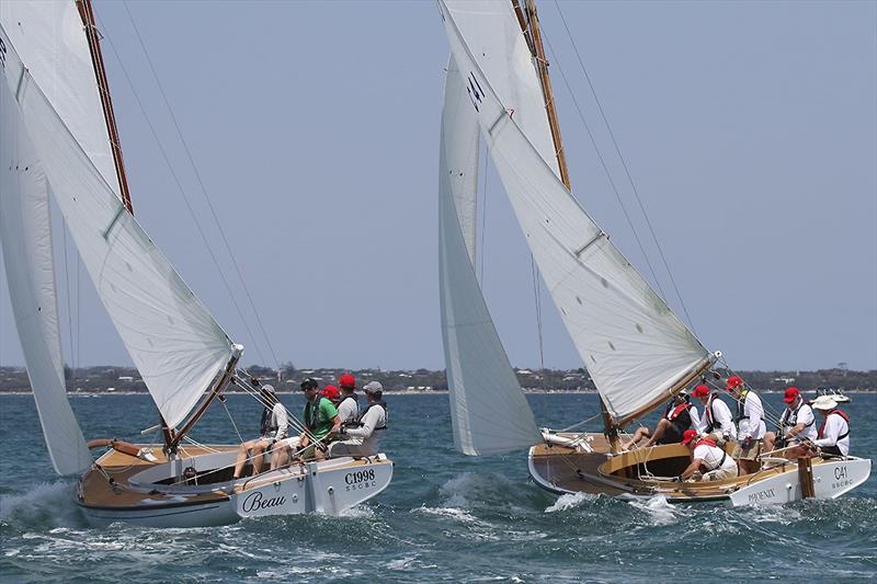 Beau skippered by Nick Dorman and Phoenix skippered by Bruce Griffiths.  Bruce going on to win this race photo copyright A.J. McKinnon taken at Sorrento Sailing Couta Boat Club and featuring the Couta Boat class