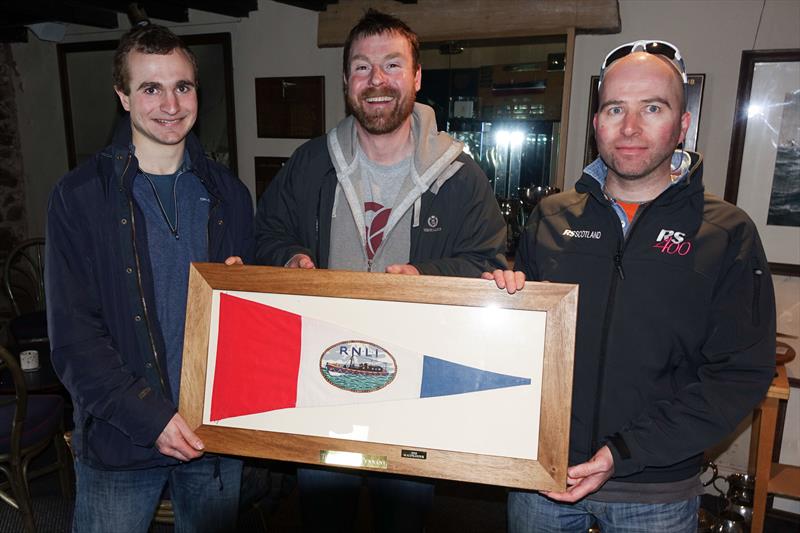 Presentation of the Lifeboat Pennant at East Lothian (left to right) Ben Wilcox, Robbie Lawson (Commodore), and Jim Sinclair photo copyright Derek Braid taken at East Lothian Yacht Club and featuring the Dinghy class