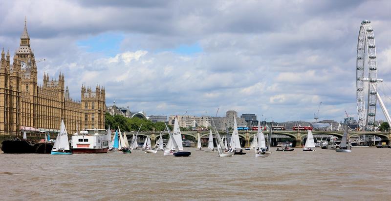 Tideway Dinghy Derby - The fleet in front of Westminster Bridge with the Houses of Parliament to the left and London Eye on the right - photo © Mark Jardine