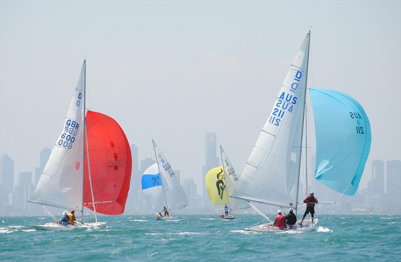 Prince Philip Cup: running under spinnaker on Port Phillip with Melbourne skyline in the distance photo copyright David Staley taken at Royal Brighton Yacht Club and featuring the Dragon class