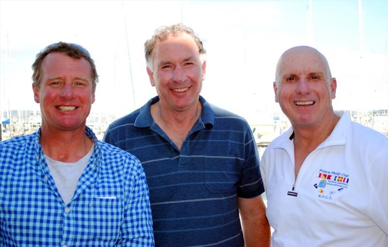 Karabos IX crew (l-r) Simon Burrows, Leigh Behrens and skipper Nick Rogers on day 3  of the Dragon Prince Philip Cup in Hobart photo copyright Peter Campbell taken at Royal Yacht Club of Tasmania and featuring the Dragon class
