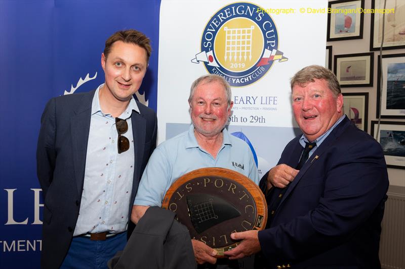 Ronan Goggin, Managing Director of O'Leary Life (l) & David O'Sullivan, Commodore of Kinsale YC with Slack Alice skipper Shane Statham, winner of the Portcullis Trophy for best boat under ECHO at the O'Leary Life Sovereign's Cup - photo © David Branigan / Oceansport