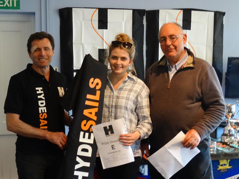 Dave Hall of Hyde Sails presenting Beth Porter (Hyde's Prize Draw Winner) with her Prize Voucher from Hyde Sails for a new Hyde Sail jib, pictured with Dave Stanniforth, Enterprise Association Commodore photo copyright Paula Southworth taken at Burton Sailing Club and featuring the Enterprise class