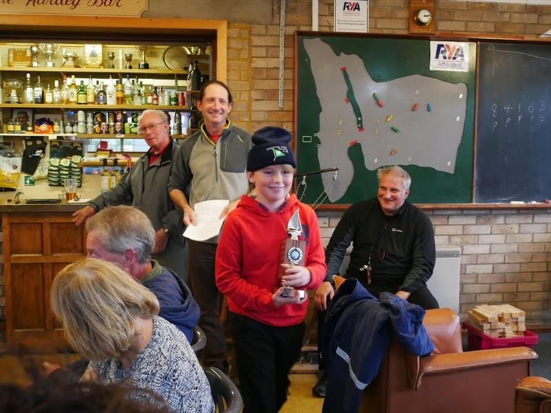 Happy Ashton with his prize for top EPSC Crew in the Enterprise Midland Double Chine Series at Emberton Park photo copyright Karen Bell taken at Emberton Park Sailing Club and featuring the Enterprise class