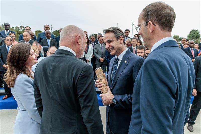 Greek Prime Minister, Kyriakos Mitsotakis with Nature's Baton, from the Relay4Nature, at the Our Ocean Conference 2024 in Athens, Greece photo copyright Austin Wong / The Ocean Race taken at  and featuring the Environment class