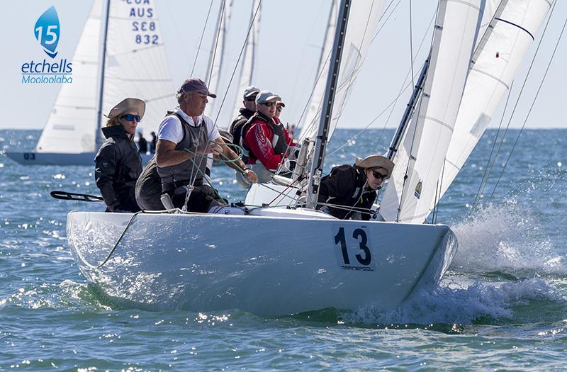 Yandoo XX's Jeanne-Claude Strong, Neville Wittey, Tiana Wittey and Marcus Burke lead after day 1 of the Marinepool Etchells Australasian Championship  photo copyright Teri Dodds taken at Mooloolaba Yacht Club and featuring the Etchells class