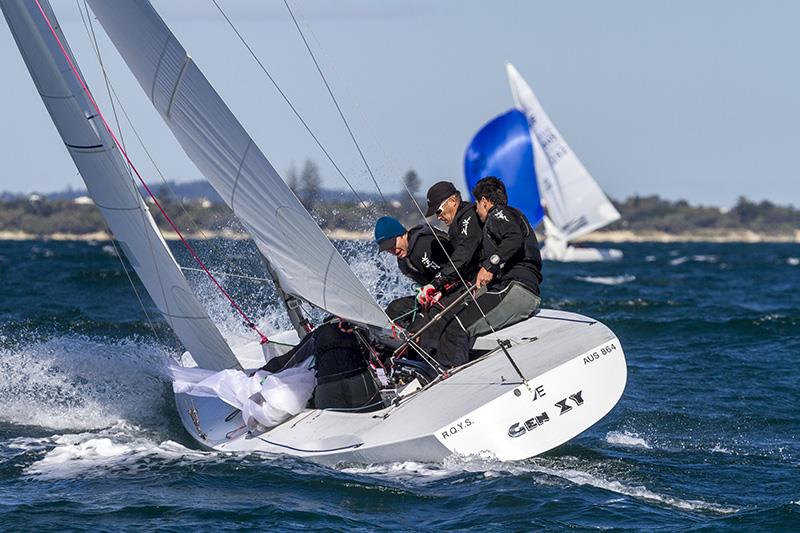 Defending Australasian Champion, Matthew Chew's Gen XY on day 2 of the Marinepool Etchells Australasian Championship  photo copyright Teri Dodds taken at Mooloolaba Yacht Club and featuring the Etchells class