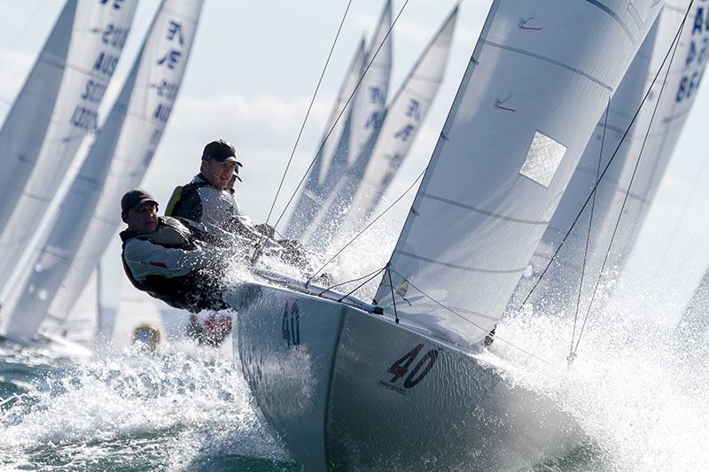 The Hole Way team of Cameron Miles, Grant Cowle and James Mayo in the lead on day 2 of the Marinepool Etchells Australasian Championship  photo copyright Teri Dodds taken at Mooloolaba Yacht Club and featuring the Etchells class