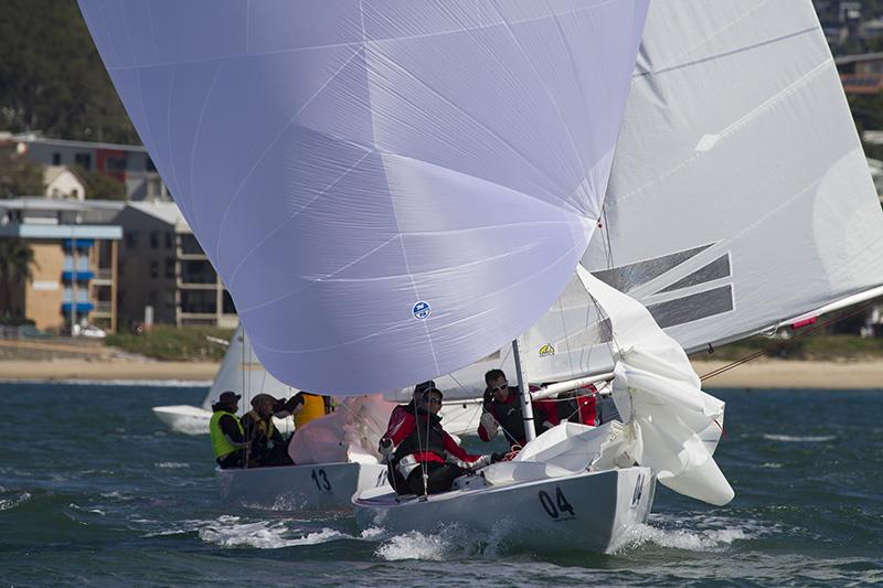 Hong Kong's Mark Thornburrow leads Sydney Fleet's Jeanne-Claude Strong on day 2 of the Marinepool Etchells Australasian Championship  photo copyright Teri Dodds taken at Mooloolaba Yacht Club and featuring the Etchells class