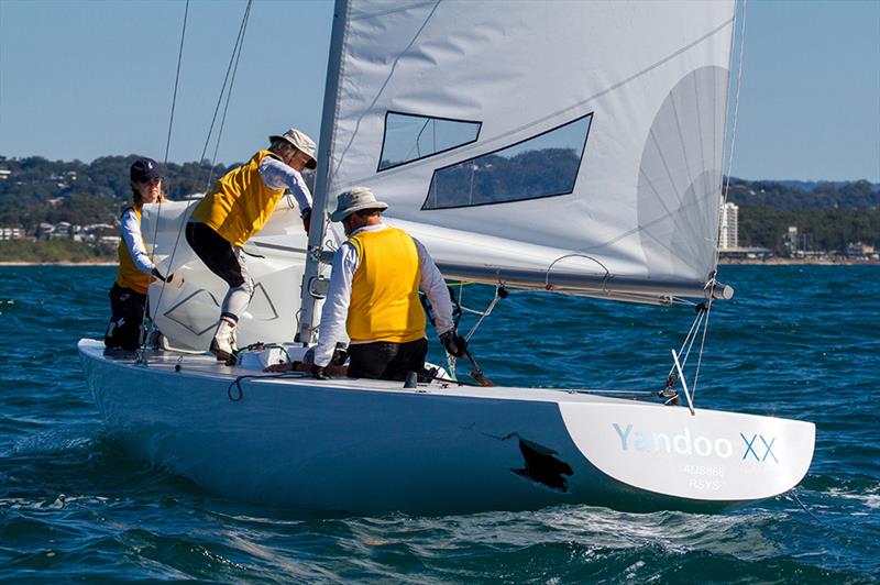 Yandoo XX heads back to shore after being holed on day 1 of the Etchells 20th Australasian Championship photo copyright Teri Dodds taken at Mooloolaba Yacht Club and featuring the Etchells class