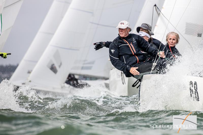 Jeanne-Claude Strong at the helm of Woolloomooloo, representing the Royal Sydney Yacht Squadron, on day 5 of the Etchells Worlds in Cowes photo copyright Alex Irwin / www.sportography.tv taken at Royal London Yacht Club and featuring the Etchells class