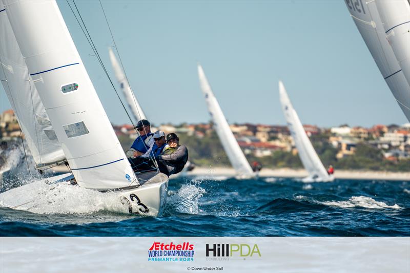 Andy Beadsworth, Brian Ledbetter, and Ben Lamb on day 4 of the 2024 Etchells World Championships photo copyright Alex Dare, Down Under Sail taken at Fremantle Sailing Club and featuring the Etchells class