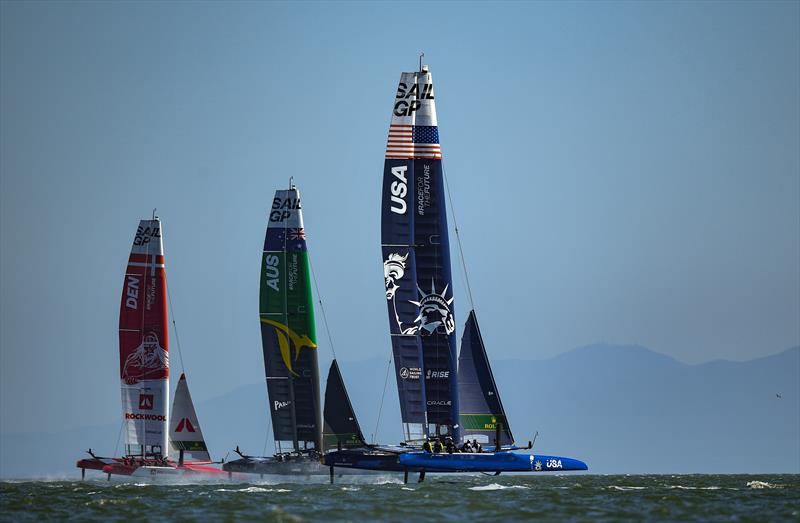 USA SailGP Team helmed by Jimmy Spithill sails alongside Australia SailGP Team helmed by Tom Slingsby and Denmark SailGP Team presented by ROCKWOOL helmed by Nicolai Sehested ahead of San Francisco SailGP, Season 2 in San Francisco, USA photo copyright Ricardo Pinto for SailGP taken at  and featuring the F50 class
