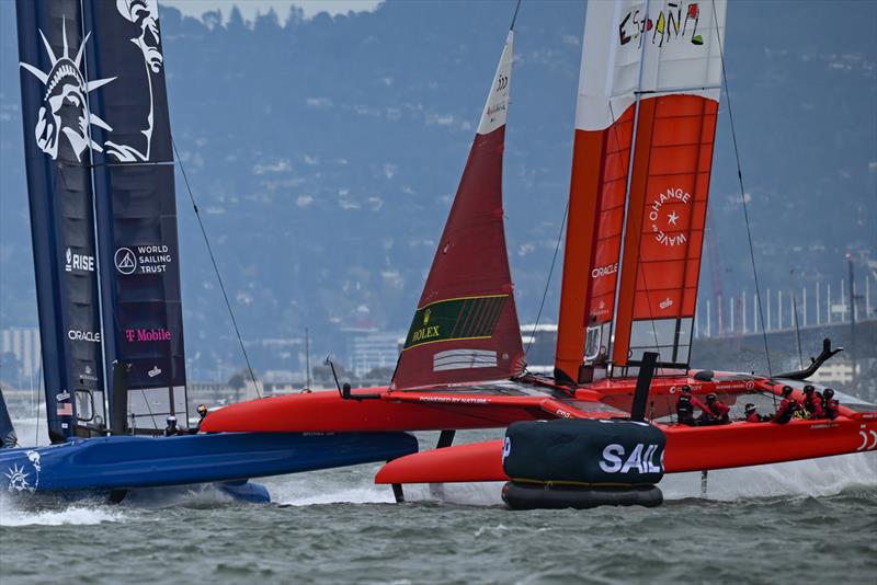 Spain SailGP Team co-helmed by Florian Trittel and Jordi Xammar and USA SailGP Team helmed by Jimmy Spithill collide on Race Day 2 of San Francisco SailGP, Season 2 photo copyright Ricardo Pinto/SailGP taken at Golden Gate Yacht Club and featuring the F50 class