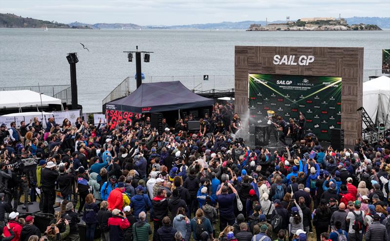 Australia SailGP Team lift the trophy after winning the Championship on Race Day 2 of San Francisco SailGP, Season 2  photo copyright Adam Warner/SailGP taken at Golden Gate Yacht Club and featuring the F50 class