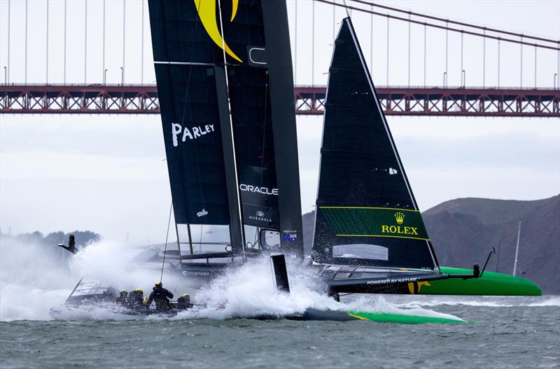 Australia SailGP Team helmed by Tom Slingsby take a tight corner on Race Day 2 of San Francisco SailGP photo copyright Felix Diemer/SailGP taken at Golden Gate Yacht Club and featuring the F50 class