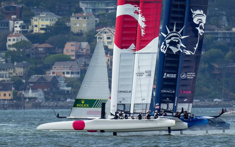USA SailGP Team helmed by Jimmy Spithill and Japan SailGP Team helmed by Nathan Outterridge racing in the Grand Final on Race Day 2 of San Francisco SailGP photo copyright Bob Martin/SailGP taken at Golden Gate Yacht Club and featuring the F50 class