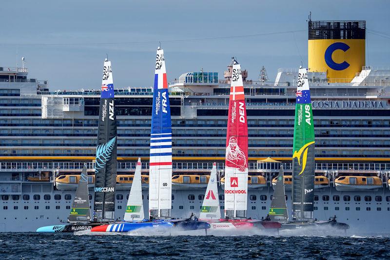 New Zealand SailGP Team and France SailGP Team lead Denmark SailGP Team presented by ROCKWOOL and Australia SailGP Team away from the start in the first race on Race Day 2 of the ROCKWOOL Denmark Sail Grand Prix in Copenhagen, Denmark - photo © Bob Martin for SailGP