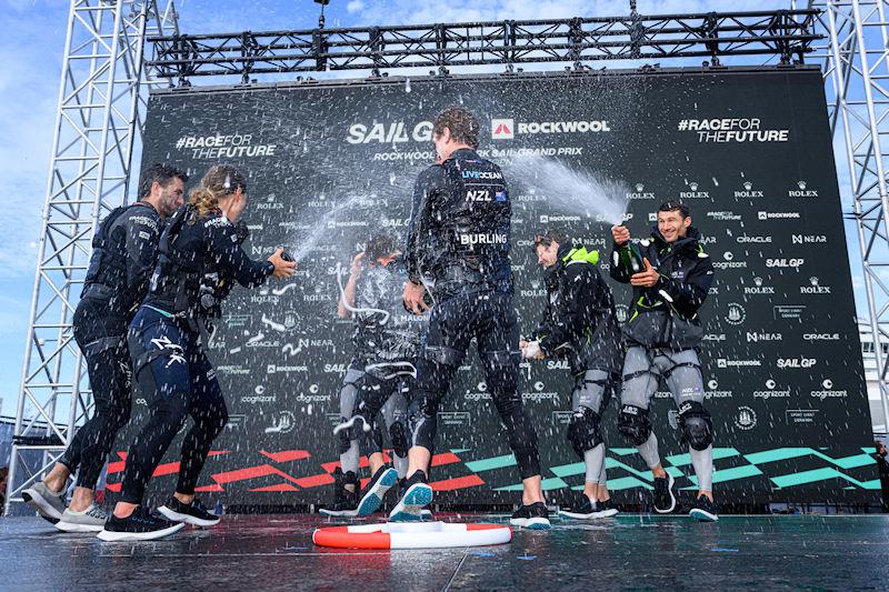 The New Zealand SailGP Team spray champagne and celebrate after winning the ROCKWOOL Denmark Sail Grand Prix in Copenhagen, Denmark photo copyright Jon Buckle for SailGP taken at  and featuring the F50 class