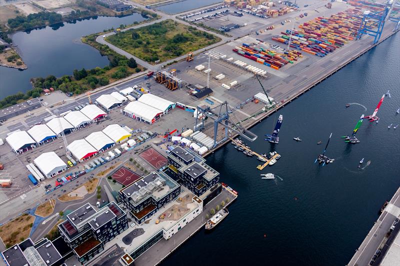 An aerial view of the Technical Base as the F50 catamarans are craned onto the water ahead of racing on Race Day 1 of the Denmark Sail Grand Prix in Copenhagen, Denmark. 19th August  photo copyright David Gray / SailGP taken at Royal Danish Yacht Club and featuring the F50 class