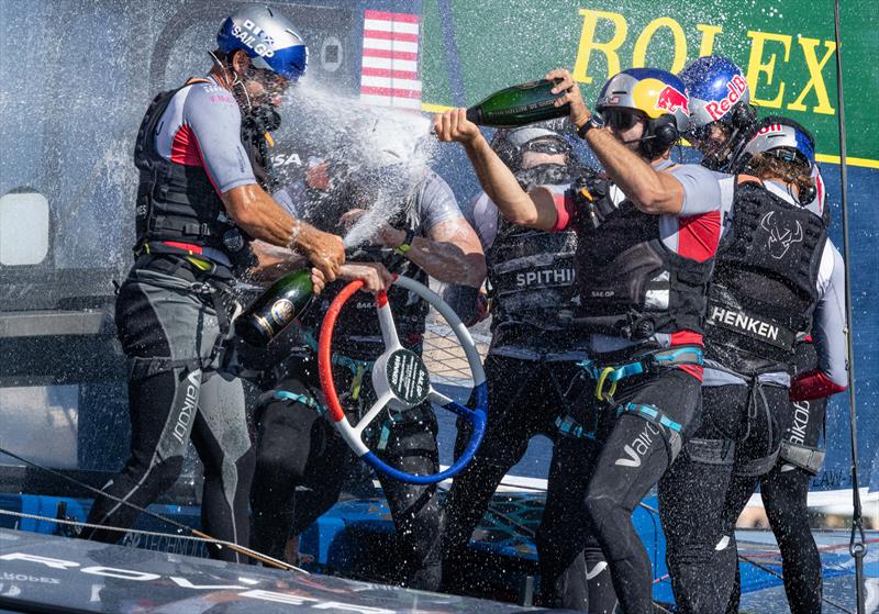 USA SailGP Team helmed by Jimmy Spithill and crew celebrate with Champagne Barons de Rothschild on Race Day 2 of the Range Rover France Sail Grand Prix in Saint Tropez photo copyright Bob Martin/SailGP taken at Société Nautique de Saint-Tropez and featuring the F50 class