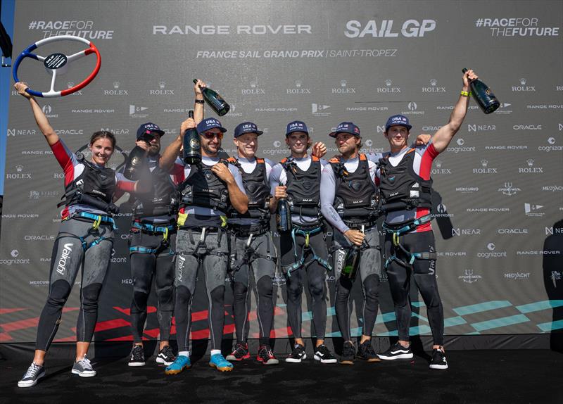 Jimmy Spithill, CEO & driver of USA SailGP Team, and his crew, celebrate winning the Range Rover France Sail Grand Prix in Saint Tropez, France photo copyright Jon Buckle/SailGP taken at Société Nautique de Saint-Tropez and featuring the F50 class