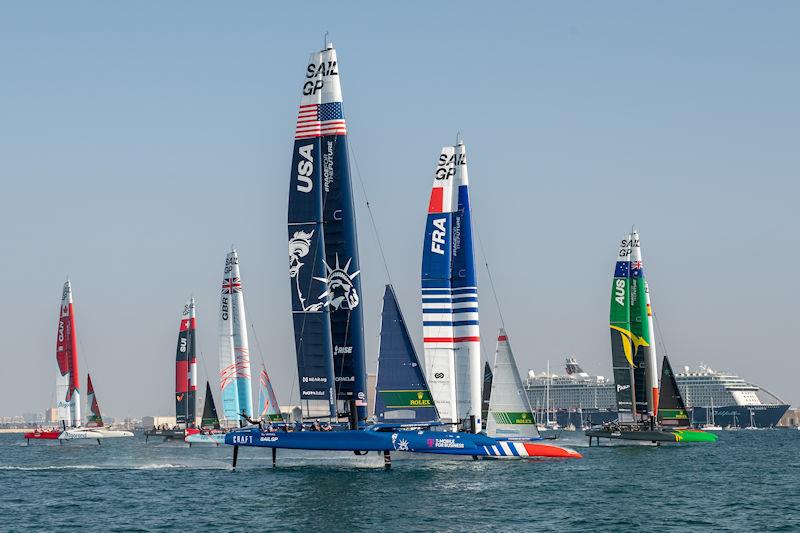 The fleet in action on Race Day 2 of the Dubai Sail Grand Prix presented by P&O Marinas in Dubai, United Arab Emirates photo copyright Ricardo Pinto for SailGP taken at  and featuring the F50 class