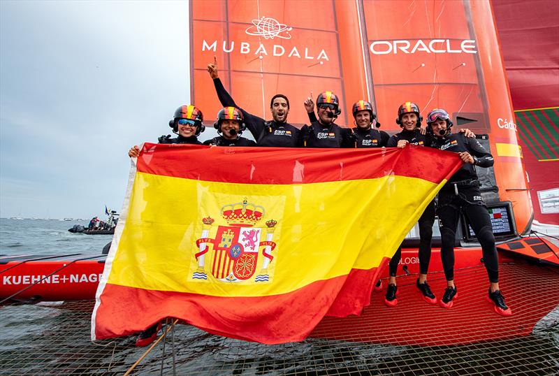 Spain SailGP Team helmed by Diego Botin pose for a photograph aboard their F50 catamaran as they celebrate winning the Oracle Los Angeles Sail Grand Prix at the Port of Los Angeles, in California - photo © Ricardo Pinto for SailGP