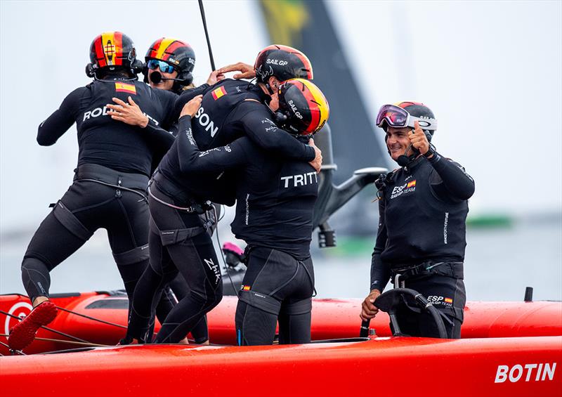 Spain SailGP Team celebrate on board after winning on Race Day 2 of the Oracle Los Angeles Sail Grand Prix at the Port of Los Angeles, in California, USA photo copyright Simon Bruty for SailGP taken at Los Angeles Yacht Club and featuring the F50 class