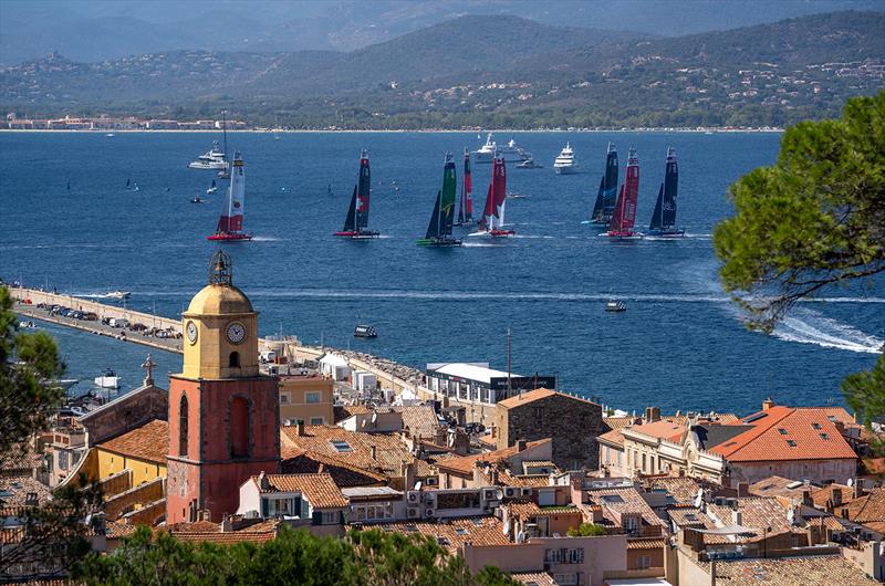 A view overlooking the bell tower and old town of Saint-Tropez as the SailGP fleet are in action during a practice session of the France Sail Grand Prix in Saint-Tropez, France. 8th September - photo © Andrew Baker for SailGP