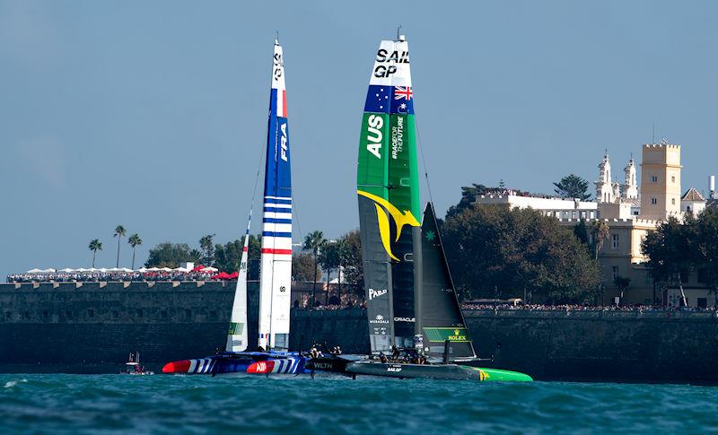 Australia SailGP Team helmed by Tom Slingsby and France SailGP Team helmed by Quentin Delapierre on Race Day 1 of the Spain Sail Grand Prix in Cadiz, Spain photo copyright Ricardo Pinto for SailGP taken at  and featuring the F50 class