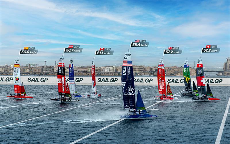 Switzerland SailGP Team helmed by Sebastien Schneiter lead the SailGP Fleet on Race Day 1 of the ROCKWOOL Italy Sail Grand Prix in Taranto, Italy photo copyright Ricardo Pinto for SailGP taken at  and featuring the F50 class