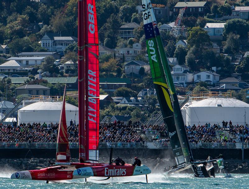 Australia SailGP Team collide into the finish line marker in front of the grandstand resulting in damage to their F50 catamaran forcing them to retire from the event on Race Day 2  ITM New Zealand Sail Grand Prix in Christchurch, March 24, 2024 photo copyright Ricardo Pinto/SailGP taken at Naval Point Club Lyttelton and featuring the F50 class