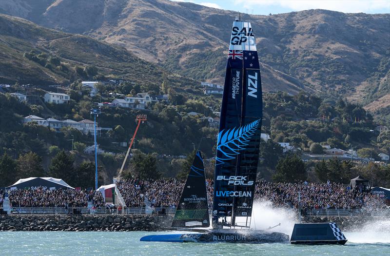 New Zealand SailGP Team helmed by Peter Burling cross the finish line on the final race and win on Race Day 2  ITM New Zealand Sail Grand Prix in Christchurch, March 24, 2024 photo copyright Ricardo Pinto for SailGP taken at Naval Point Club Lyttelton and featuring the F50 class