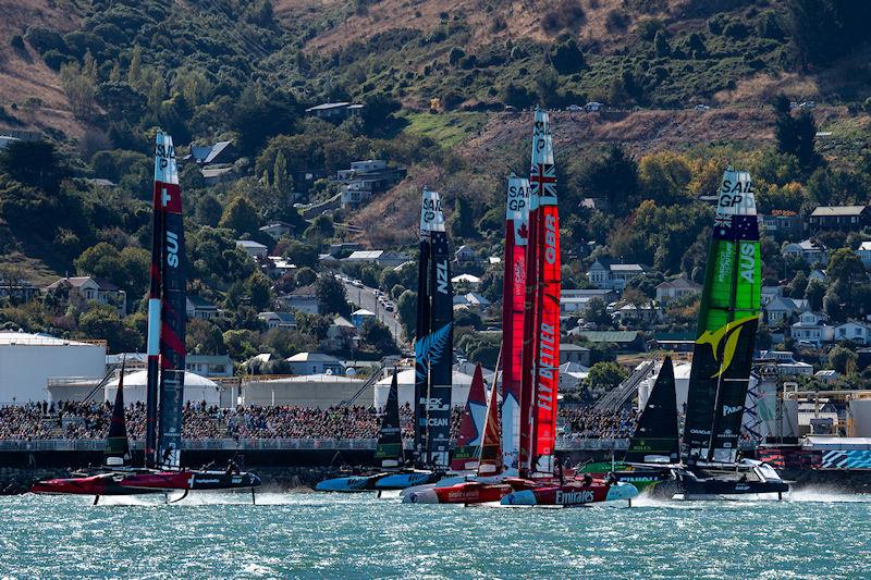 Australia SailGP Team collide into the finish line marker in front of the grandstand resulting in damage to their F50 catamaran forcing them to retire from the event on Race Day 2 of the ITM New Zealand Sail Grand Prix in Christchurch, New Zealand - photo © Ricardo Pinto for SailGP