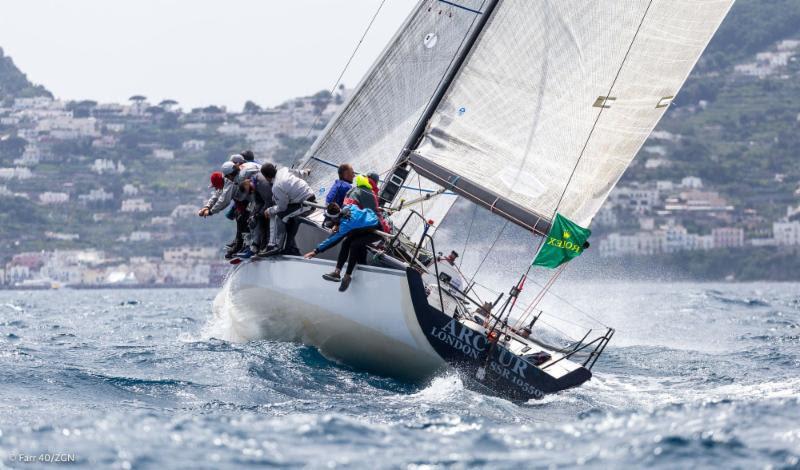 Arctur, helmed by Vasyl Gureyev charges upwind on a windy day two of the Rolex Capri Sailing Week photo copyright Farr 40 / ZGN taken at Yacht Club Capri and featuring the Farr 40 class